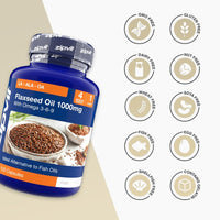 Blue Flaxseed Oil 1000mg bottle with Omega 3-6-9 angled on a beige background beside circular free from icons