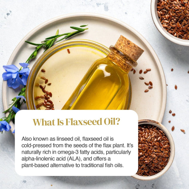 Flaxseed Oil 1000mg bottle with orange LA ALA OA label and flax seed image on the front