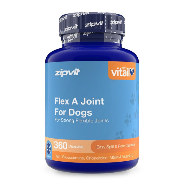 A blue plastic bottle of zipvit Pet Vital Flex A Joint capsules for dogs, featuring a blue and orange label with white text, on a clean white background.