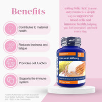 Blue prenatal Folic Acid 400mcg bottle beside a pink Benefits panel listing pregnancy health advantages.