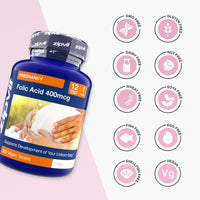 Folic acid bottle beside a grid of free from icons indicating allergens such as GMO gluten dairy egg fish and vegan