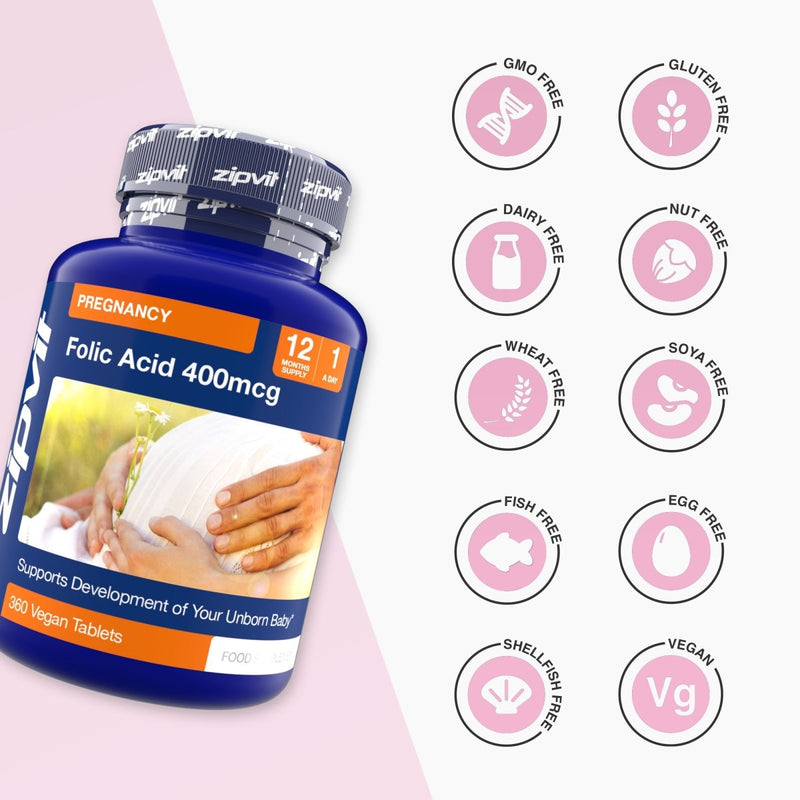 Folic acid bottle beside a grid of free from icons indicating allergens such as GMO gluten dairy egg fish and vegan