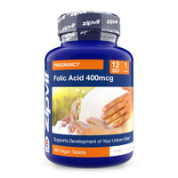 Blue Folic Acid 400mcg prenatal supplement bottle with pregnancy banner and photo of a pregnant belly.