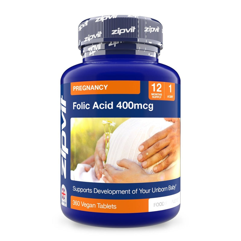 Blue Folic Acid 400mcg prenatal supplement bottle with pregnancy banner and photo of a pregnant belly.