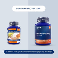 Old and new Zipvit Folic Acid 400 mcg packaging shown side by side under the heading ‘Same Formula, New Look.’ Both contain 360 vegan tablets for a 12-month supply, with a note that either design may be received during the packaging transition.