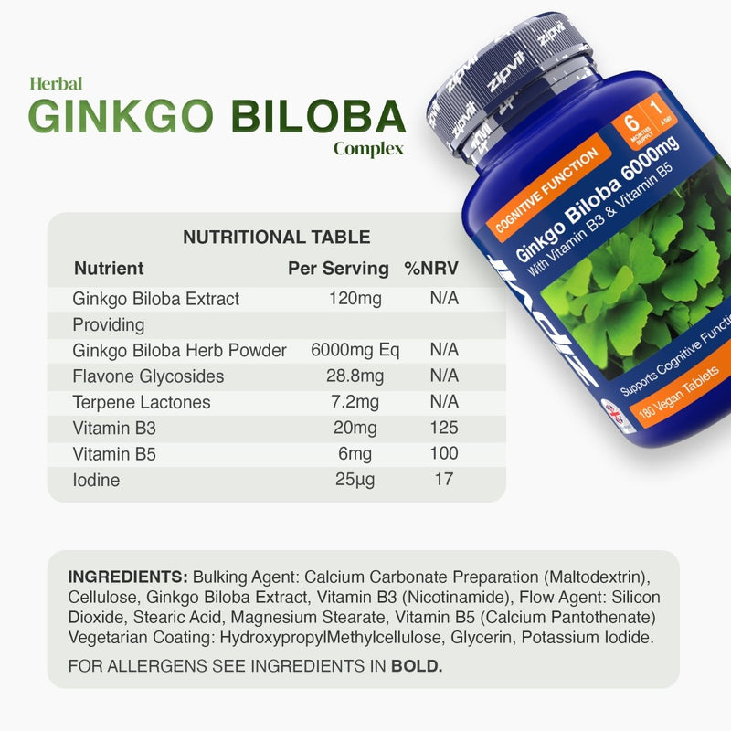 Tilted Ginkgo Biloba 6000mg bottle next to a nutritional table on a cream panel.