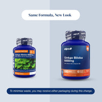 Two blue supplement bottles labeled zipvit Ginkgo Biloba 6000mg shown on a pale blue background with text reading 'Same Formula, New Look' and a note about minimizing waste.