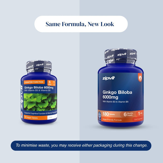 Two blue supplement bottles labeled zipvit Ginkgo Biloba 6000mg shown on a pale blue background with text reading 'Same Formula, New Look' and a note about minimizing waste.