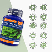 Ginkgo Biloba 6000mg bottle with leafy label and vitamin notes, surrounded by free from icons.