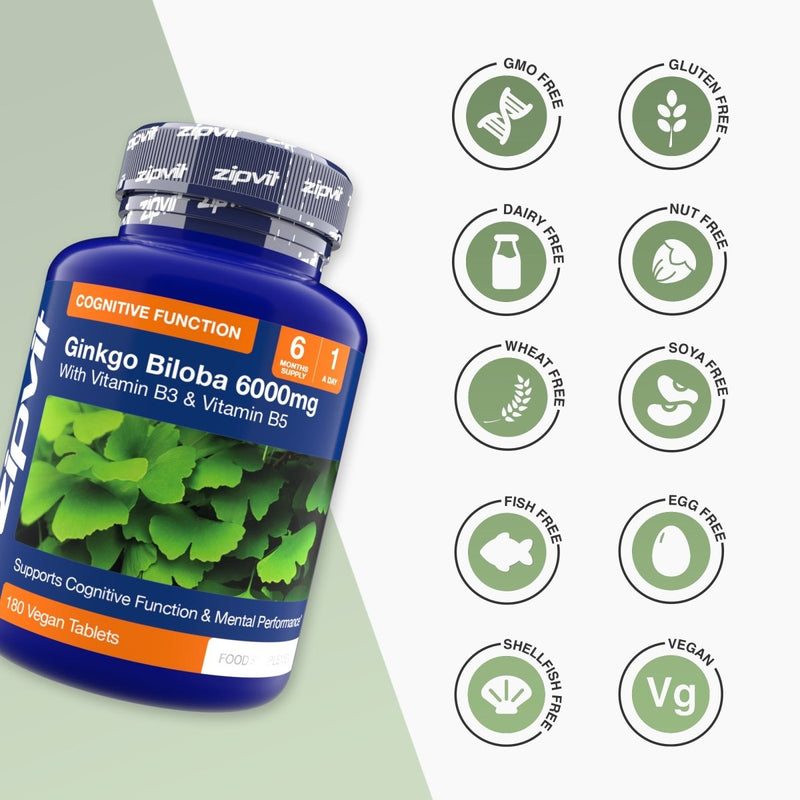 Ginkgo Biloba 6000mg bottle with leafy label and vitamin notes, surrounded by free from icons.