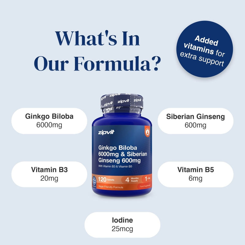 A supplement bottle labeled zipvit Ginkgo Biloba 6000g & Siberian Ginseng 600mg, surrounded by informational callouts detailing its ingredients: Ginkgo Biloba 6000mg, Siberian Ginseng 600mg, Vitamin B3 20mg, Vitamin B5 6mg, and Iodine 25mcg, on a light blue background.