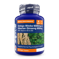 Blue bottle of Ginkgo Biloba 6000mg and Siberian Ginseng 600mg Complex supplement with herb image on the label.