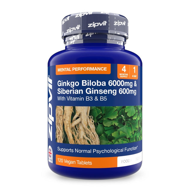 Blue bottle of Ginkgo Biloba 6000mg and Siberian Ginseng 600mg Complex supplement with herb image on the label.