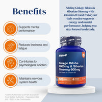 A supplement bottle labeled zipvit Ginkgo Biloba 6000mg & Siberian Ginseng 600mg on a white pedestal, with a blue and orange label. The image is split into a left 'Benefits' section with icons and text about mental performance, reduced fatigue, psychological function, and nervous system health, and a right text panel describing the combination with vitamins B3 and B5.