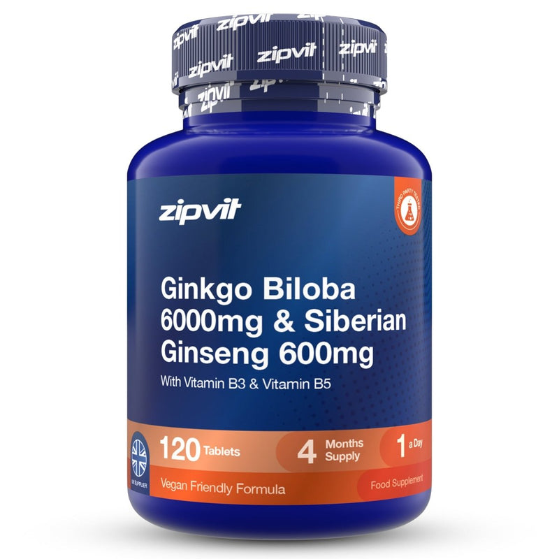 A blue plastic bottle of zipvit Ginkgo Biloba 6000mg & Siberian Ginseng 600mg dietary supplement, containing 120 tablets, on a clean white background.