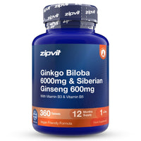 A blue plastic bottle of zipvit Ginkgo Biloba 6000mg & Siberian Ginseng 600mg dietary supplement, containing 360 tablets, on a clean white background.