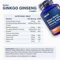 A supplement bottle labeled zipvit Herbal Ginkgo Ginseng Complex next to a detailed nutritional table and ingredients list on a white background.