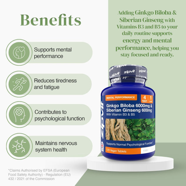 Front view of the blue Ginkgo Biloba and Siberian Ginseng complex bottle with green plant artwork on the label.