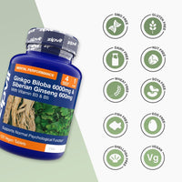 Ginkgo Biloba 6000mg and Siberian Ginseng 600mg Complex bottle with allergen free badges on the right