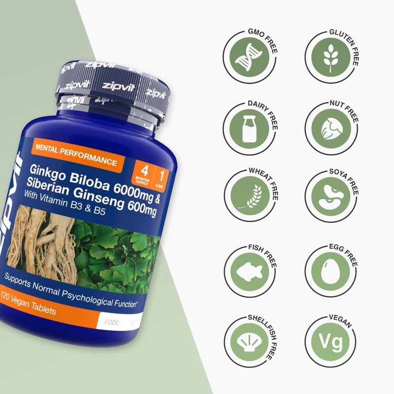Ginkgo Biloba 6000mg and Siberian Ginseng 600mg Complex bottle with allergen free badges on the right
