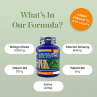 Center bottle of Ginkgo Biloba 6000mg and Siberian Ginseng 600mg Complex surrounded by pill icons listing ingredients and added vitamins