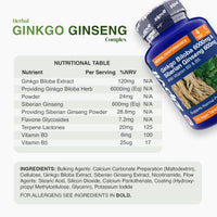 Bottle of Ginkgo Biloba 6000mg and Siberian Ginseng 600mg Complex with a detailed nutritional table visible beside it