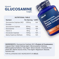 A supplement bottle labeled zipvit Glucosamine, Marine Chondroitin & MSM Complex, shown alongside a nutritional facts table and ingredients list on a light gray background.
