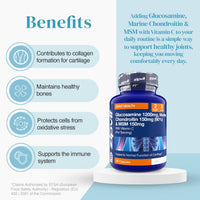 Glucosamine 1200mg marine chondroitin and MSM bottle beside a blue benefits panel highlighting cartilage support bones and immune health