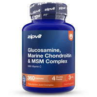 A blue plastic bottle of zipvit Glucosamine, Marine Chondroitin & MSM Complex dietary supplement, featuring a dark blue cap with white brand text and orange accents on the label.