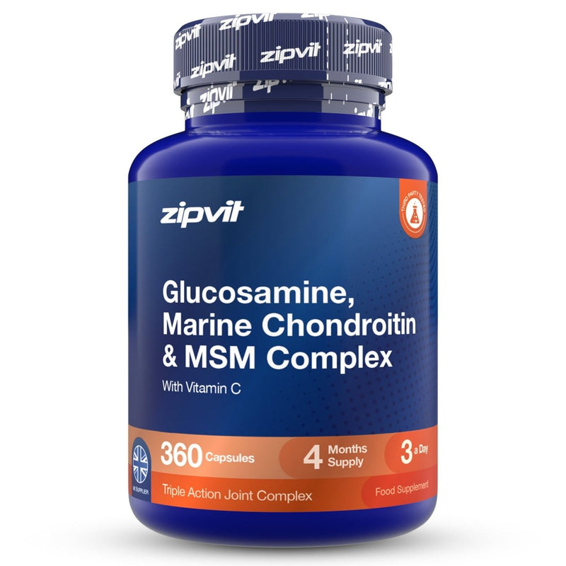 A blue plastic bottle of zipvit Glucosamine, Marine Chondroitin & MSM Complex dietary supplement, featuring a dark blue cap with white brand text and orange accents on the label.