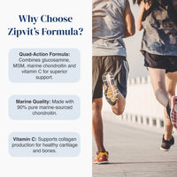 Promotional graphic for Zipit's Formula with text on the left reading 'Why Choose Zipit's Formula?' and three feature callouts, plus a lifestyle photo on the right of two people jogging outdoors.