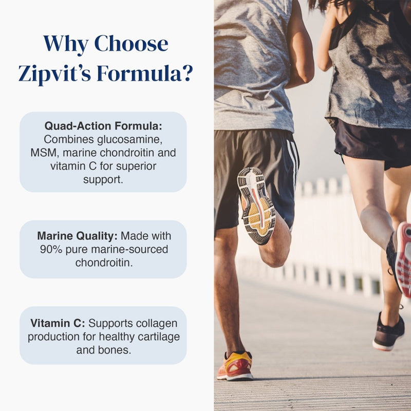 Promotional graphic for Zipit's Formula with text on the left reading 'Why Choose Zipit's Formula?' and three feature callouts, plus a lifestyle photo on the right of two people jogging outdoors.