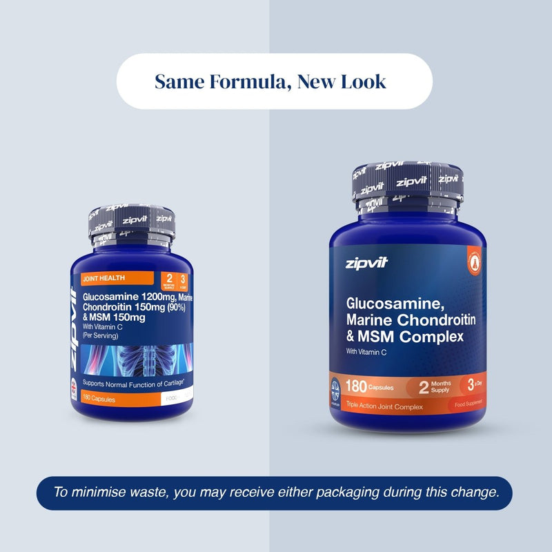 Two supplement bottles of Chondroitin Sulphate 1050mg from zipvit on a split light blue and gray background, with text reading 'Same Formula, New Look' and a note about minimizing waste.