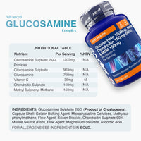 Angled Glucosamine Complex bottle beside a nutrition table detailing per serving amounts for glucosamine chondroitin and MSM