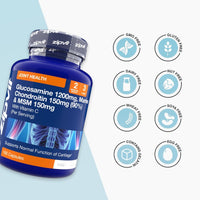 Blue Glucosamine 1200mg joint health bottle with orange label and eight circular icons listing dietary features such as GMO free gluten free dairy free nut free wheat free soya free contains gelatin and egg free.