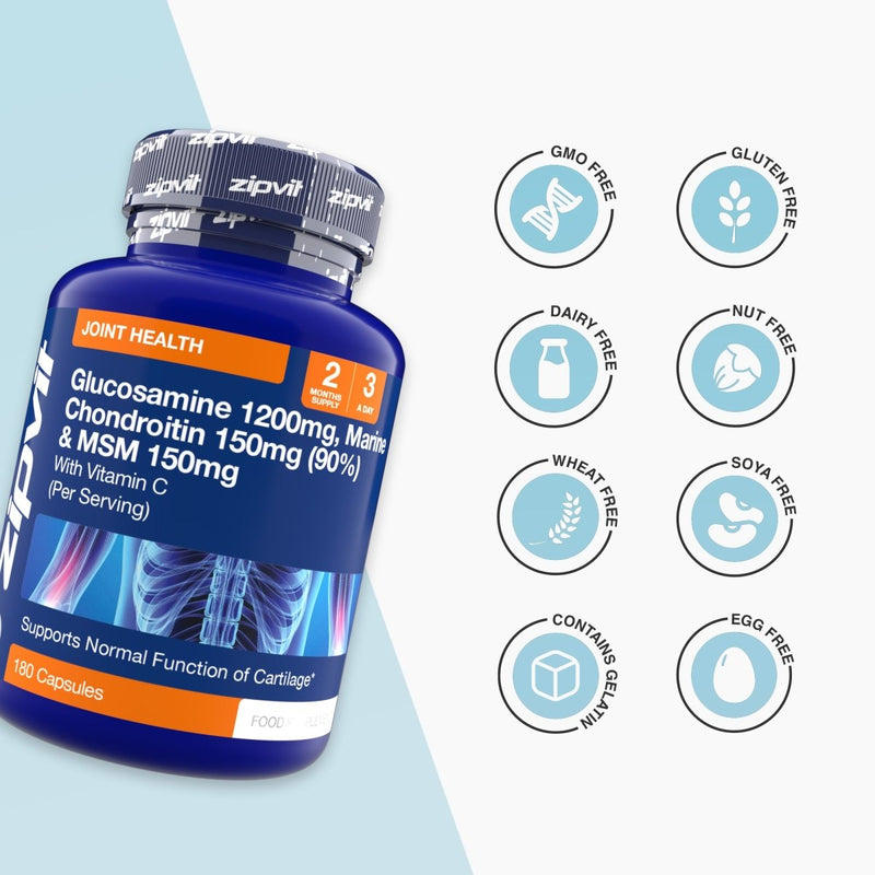 Blue Glucosamine 1200mg joint health bottle with orange label and eight circular icons listing dietary features such as GMO free gluten free dairy free nut free wheat free soya free contains gelatin and egg free.