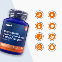 A blue bottle of zipvit Glucosamine, Marine Chondroitin & MSM Complex dietary supplement shown on a light gray background with orange circular icons indicating dietary certifications.