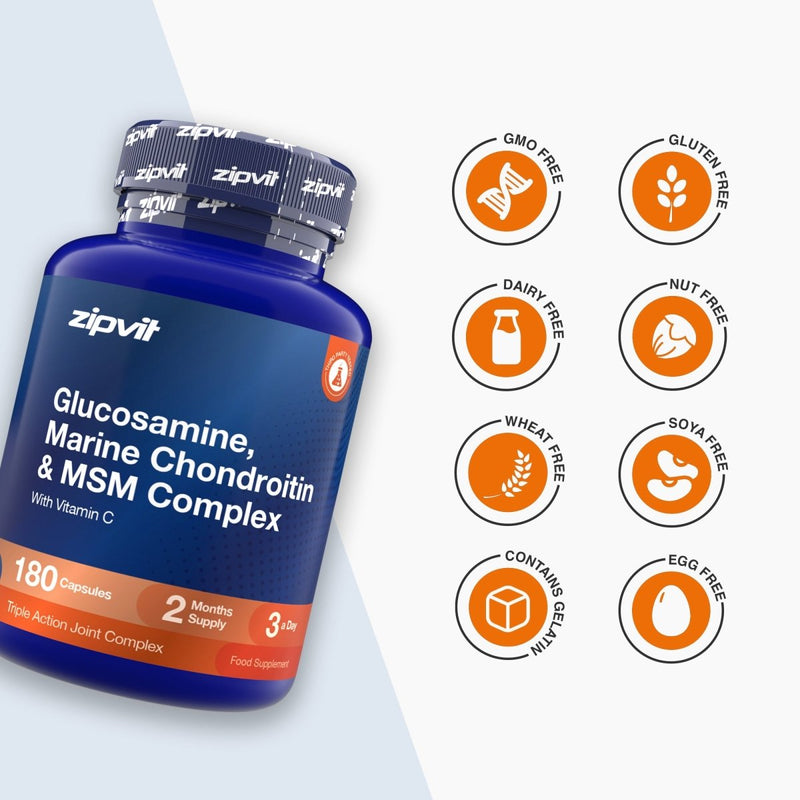 A blue bottle of zipvit Glucosamine, Marine Chondroitin & MSM Complex dietary supplement shown on a light gray background with orange circular icons indicating dietary certifications.