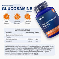 A bottle of zipvit Glucosamine HCl 1325mg dietary supplement shown on a light gray background with promotional text, icons for bone health, immune function, and cartilage support, and a nutritional table.