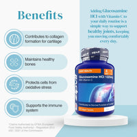 Benefits layout with icons for collagen formation, healthy bones, antioxidant protection, and immune support beside a glucosamine bottle.