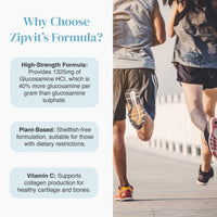 Why Choose Zipvit's Formula infographic with High-Strength Formula Plant-Based and Vitamin C panels beside runners image.