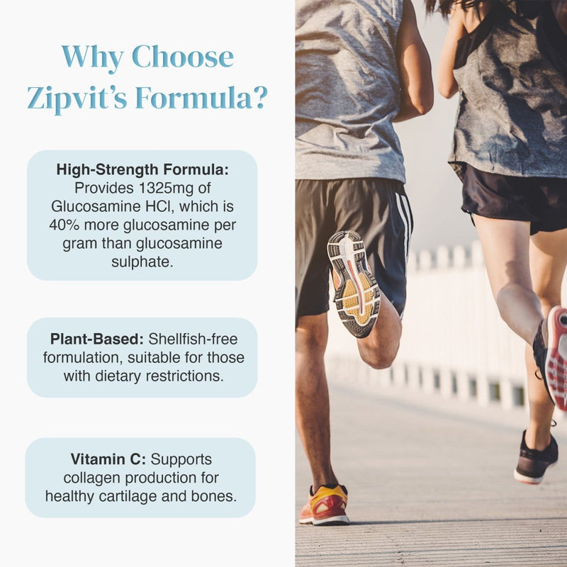 Why Choose Zipvit's Formula infographic with High-Strength Formula Plant-Based and Vitamin C panels beside runners image.
