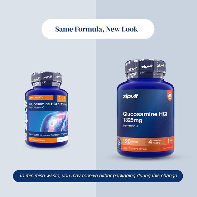 Two blue supplement bottles labeled Glucosamine HCl are shown on a pale blue background with text reading 'Same Formula, New Look' and a note about minimizing waste due to a packaging change. The right bottle shows the new branded packaging by zipvit.