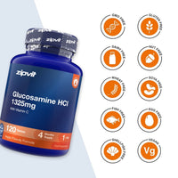 A bottle of zipvit Glucosamine HCl 1325mg dietary supplement shown on a light gray background with a column of orange circular icons indicating dietary certifications such as GMO Free, Gluten Free, Dairy Free, Nut Free, Wheat Free, Soya Free, Fish Free, Egg Free, Shell & Fish Free, and Vegan.