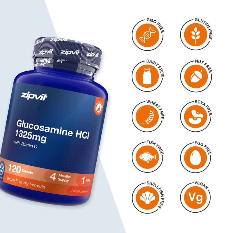 A bottle of zipvit Glucosamine HCl 1325mg dietary supplement shown on a light gray background with a column of orange circular icons indicating dietary certifications such as GMO Free, Gluten Free, Dairy Free, Nut Free, Wheat Free, Soya Free, Fish Free, Egg Free, Shell & Fish Free, and Vegan.