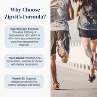 Promotional graphic for Zipvit's Formula featuring text callouts on the left and a lifestyle photo of two runners on the right. The text highlights high strength formula, plant-based shellfish-free formulation, and vitamin C benefits.
