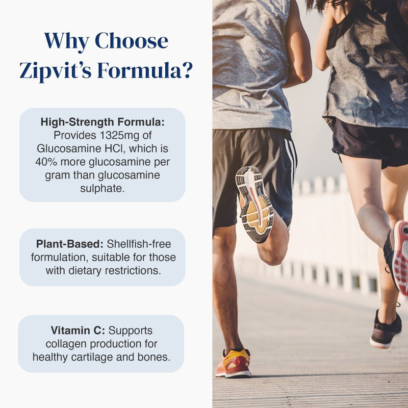 Promotional graphic for Zipvit's Formula featuring text callouts on the left and a lifestyle photo of two runners on the right. The text highlights high strength formula, plant-based shellfish-free formulation, and vitamin C benefits.