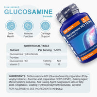 Concentrated Glucosamine Formula banner with bone health immune function cartilage support icons and a bottle beside a nutrition table.