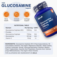 A product information graphic for zipit Glucosamine Sulphate 2KCl 1000mg. The image features a blue bottle of the supplement on the right, alongside three orange icons highlighting bone health, immune function, and cartilage support.
