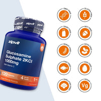 A blue bottle of zipvit Glucosamine Sulphate 2KCl 1000mg capsules shown on a white background with a diagonal gray stripe, alongside ten orange circular badges highlighting product attributes like GMO Free, Gluten Free, Dairy Free, Nut Free, Wheat Free, Soya Free, Fish Free, Egg Free, Shell Fish Free, and Vegan.